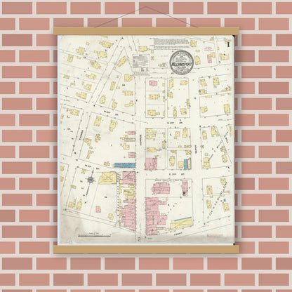Old map wall art mockup — magnetic wood frame on brick wall — Sanborn Fire Insurance Map from Williamsport, Warren County, Indiana (1910) - Complete Map Set