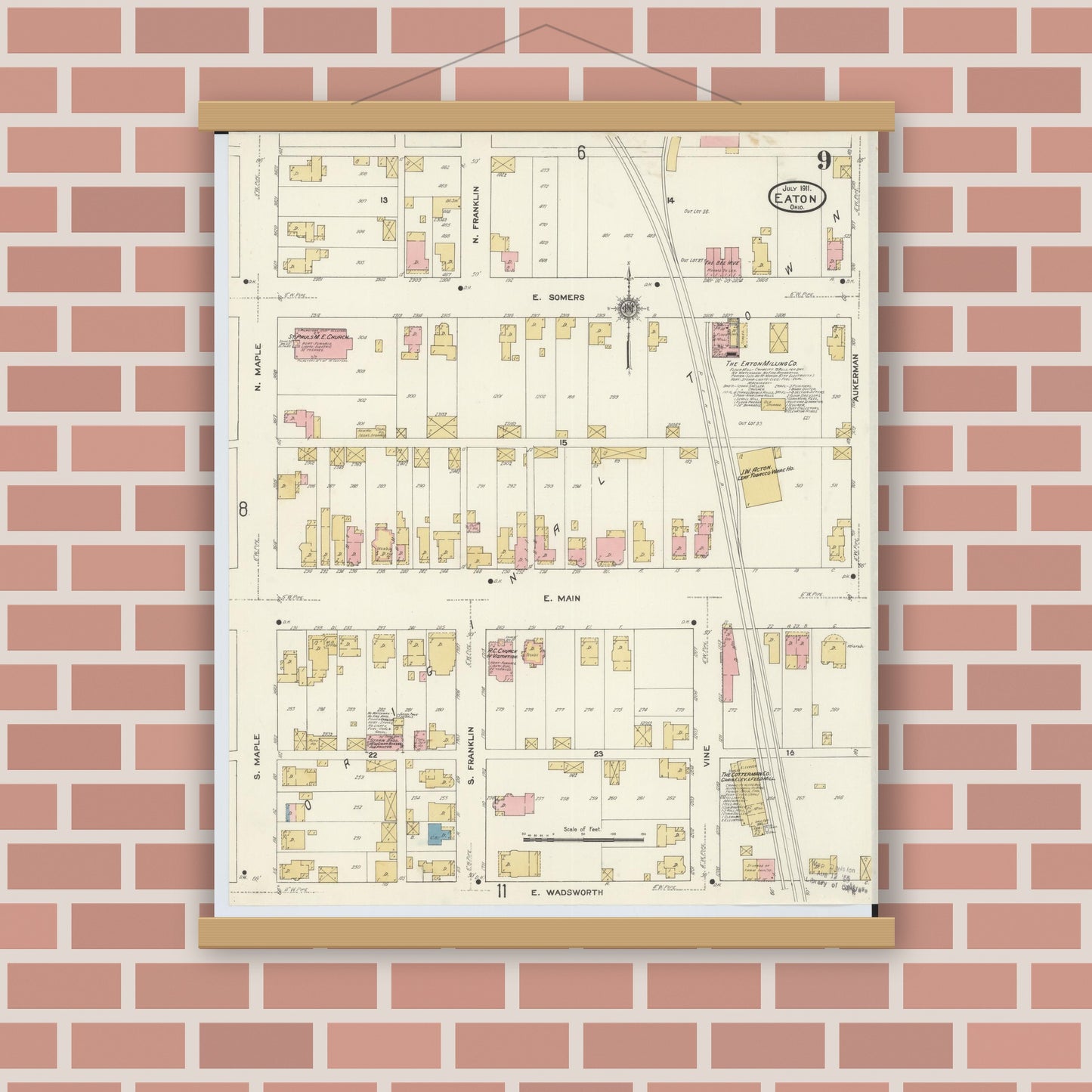 Old map wall art mockup — magnetic wood frame on brick wall — Sanborn Fire Insurance Map from Eaton, Preble County, Ohio (1911), Sheet #0009