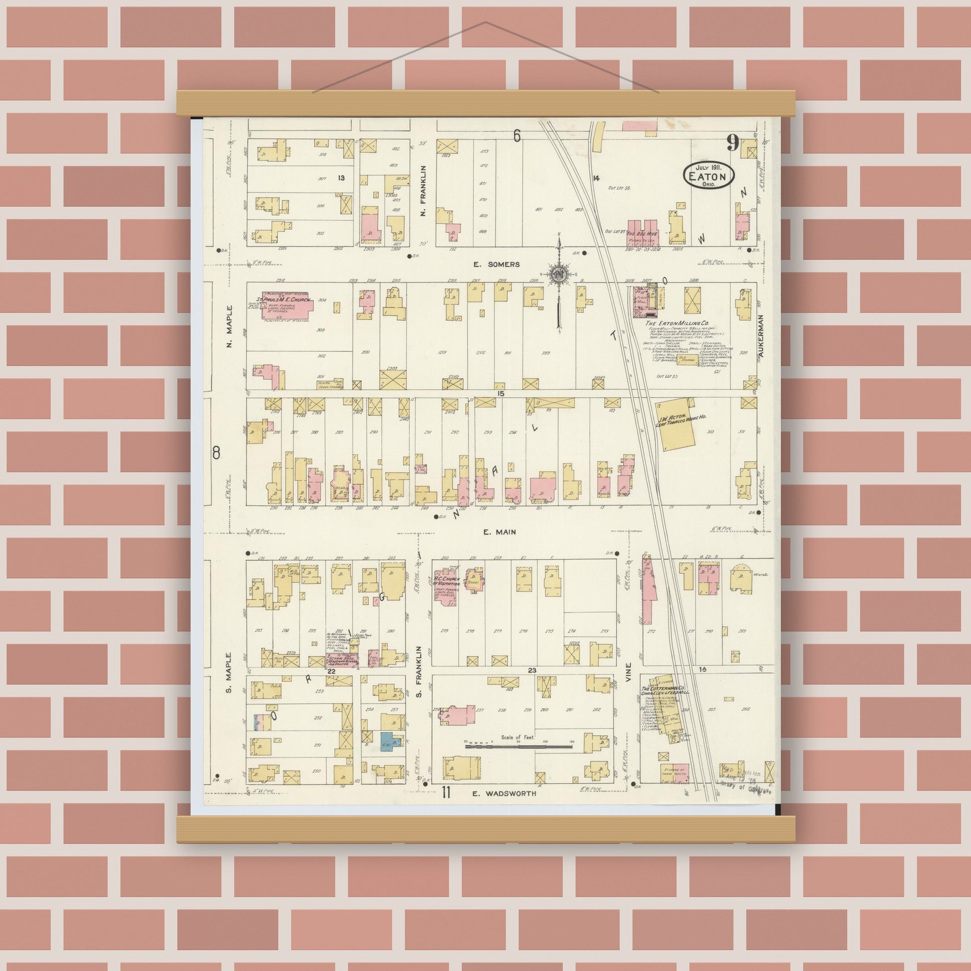 Old map wall art mockup — magnetic wood frame on brick wall — Sanborn Fire Insurance Map from Eaton, Preble County, Ohio (1911), Sheet #0009