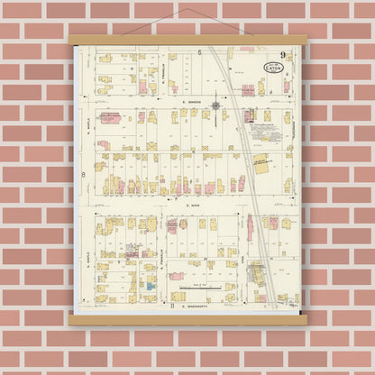 Old map wall art mockup — magnetic wood frame on brick wall — Sanborn Fire Insurance Map from Eaton, Preble County, Ohio (1911), Sheet #0009