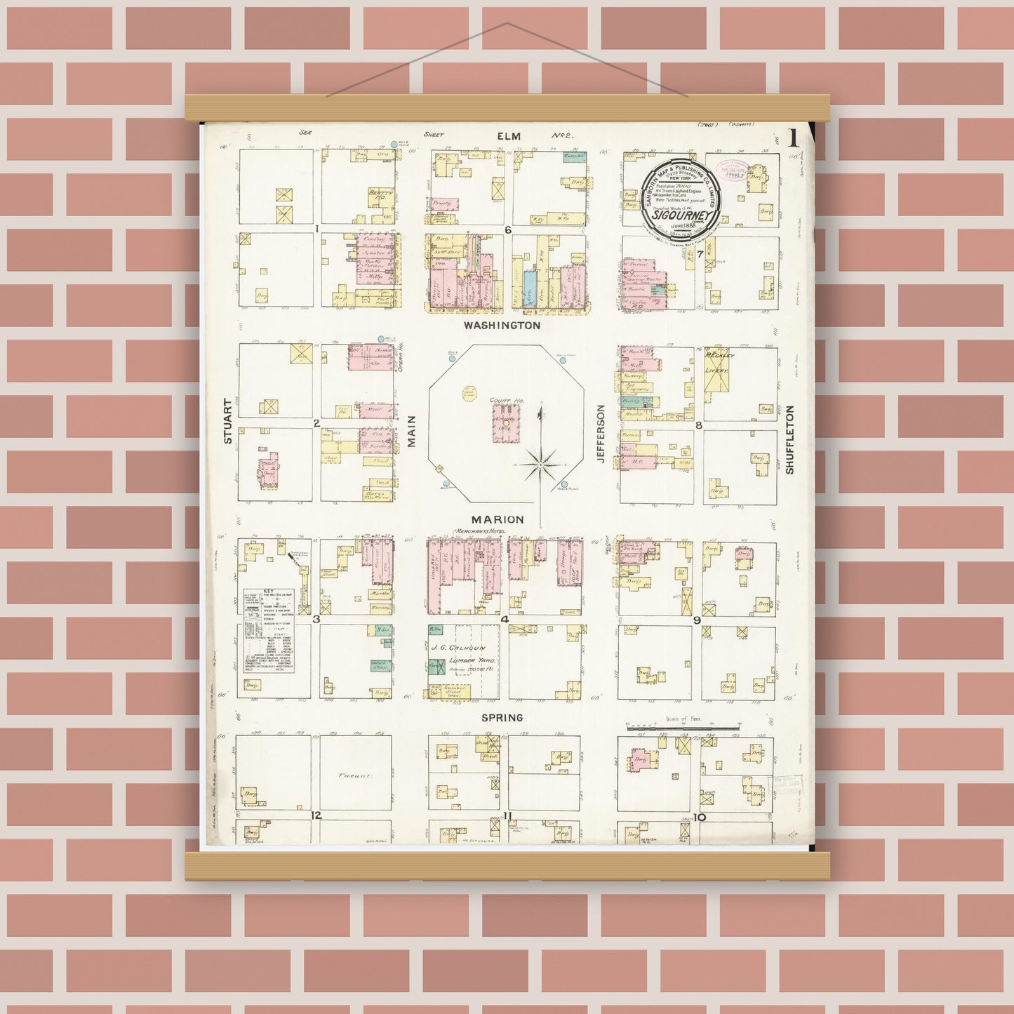 Old map wall art mockup — magnetic wood frame on brick wall — Sanborn Fire Insurance Map from Sigourney, Kiokuk County, Iowa (1888), Sheet #0001