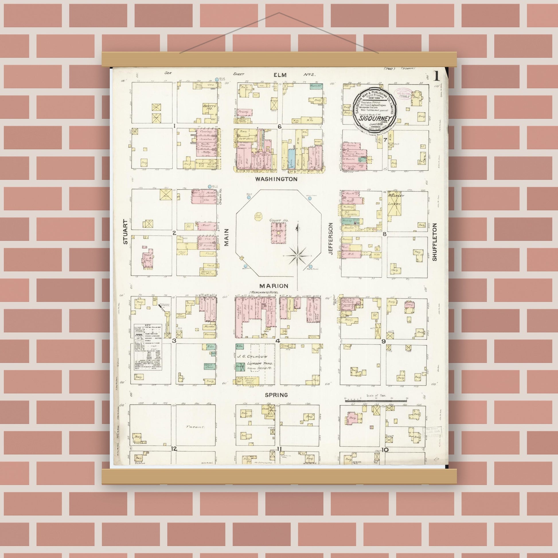 Old map wall art mockup — magnetic wood frame on brick wall — Sanborn Fire Insurance Map from Sigourney, Kiokuk County, Iowa (1888), Sheet #0001