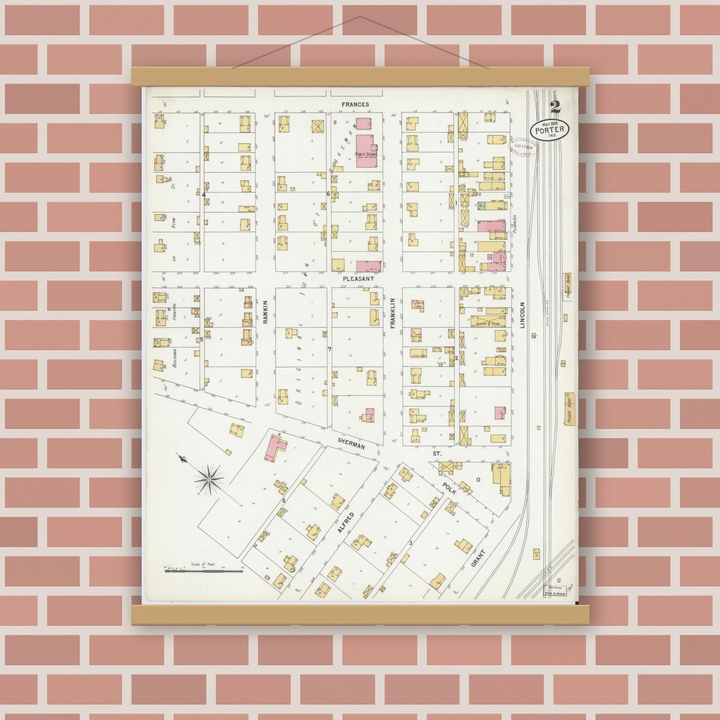 Old map wall art mockup — magnetic wood frame on brick wall — Sanborn Fire Insurance Map from Porter, Porter County, Indiana (1899), Sheet #0002