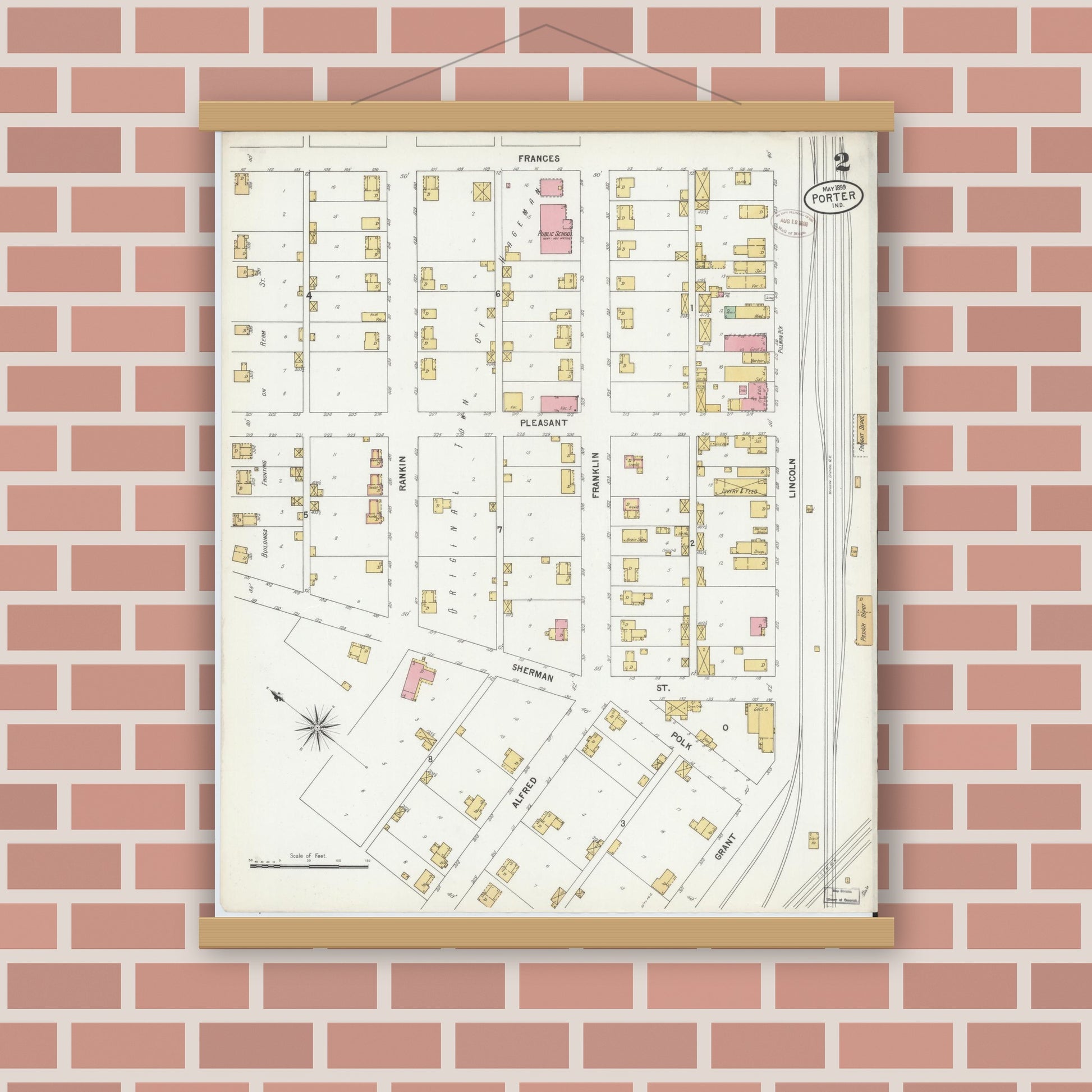 Old map wall art mockup — magnetic wood frame on brick wall — Sanborn Fire Insurance Map from Porter, Porter County, Indiana (1899), Sheet #0002