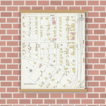 Old map wall art mockup — magnetic wood frame on brick wall — Sanborn Fire Insurance Map from Porter, Porter County, Indiana (1899), Sheet #0002
