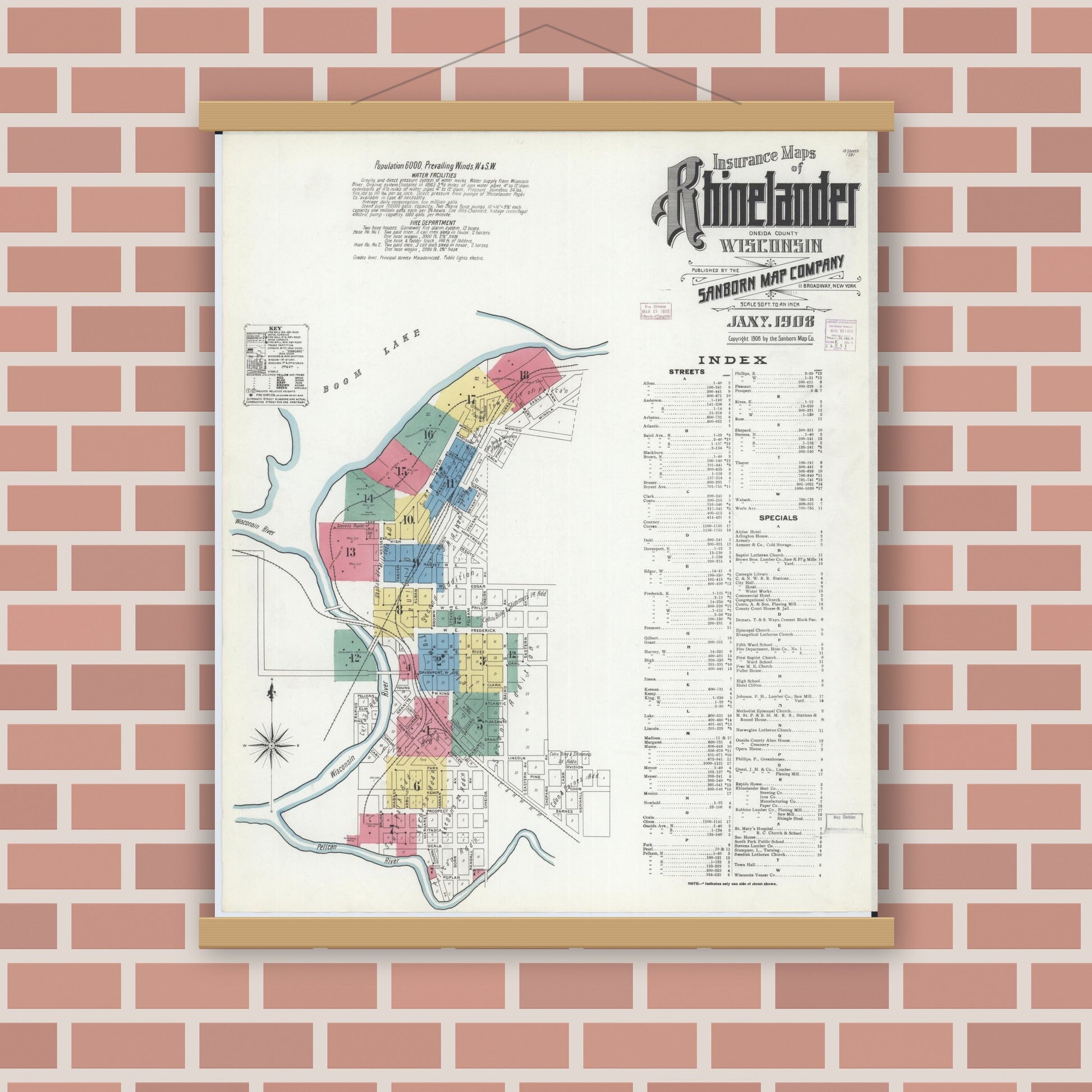 Old map wall art mockup — magnetic wood frame on brick wall — Sanborn Fire Insurance Map from Rhinelander, Oneida County, Wisconsin (1908), Sheet #0001