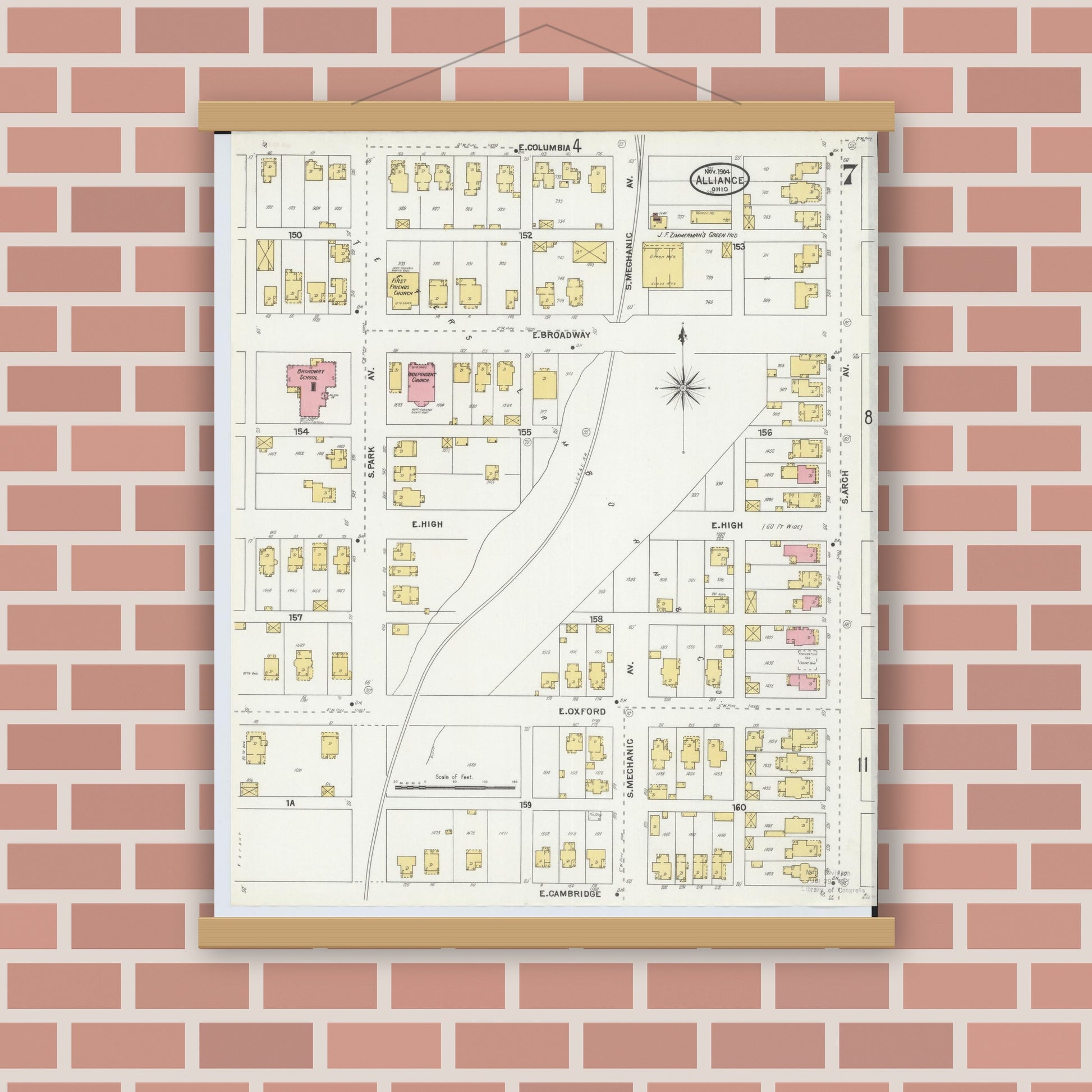 Old map wall art mockup — magnetic wood frame on brick wall — Sanborn Fire Insurance Map from Alliance, Stark County, Ohio (1904), Sheet #0007