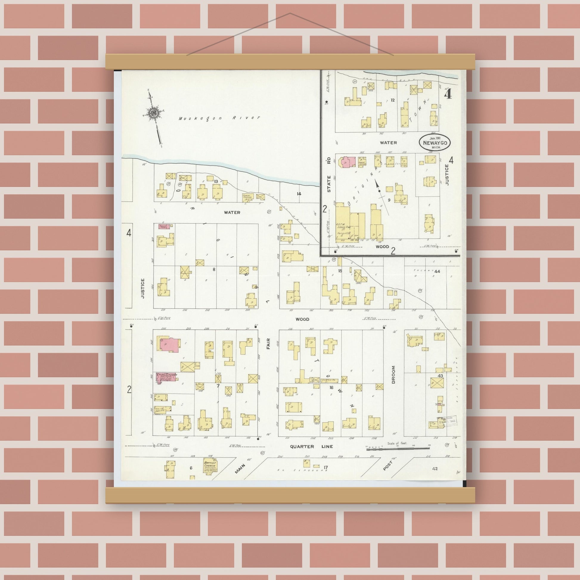 Old map wall art mockup — magnetic wood frame on brick wall — Sanborn Fire Insurance Map from Newaygo, Newaygo County, Michigan (1911), Sheet #0004
