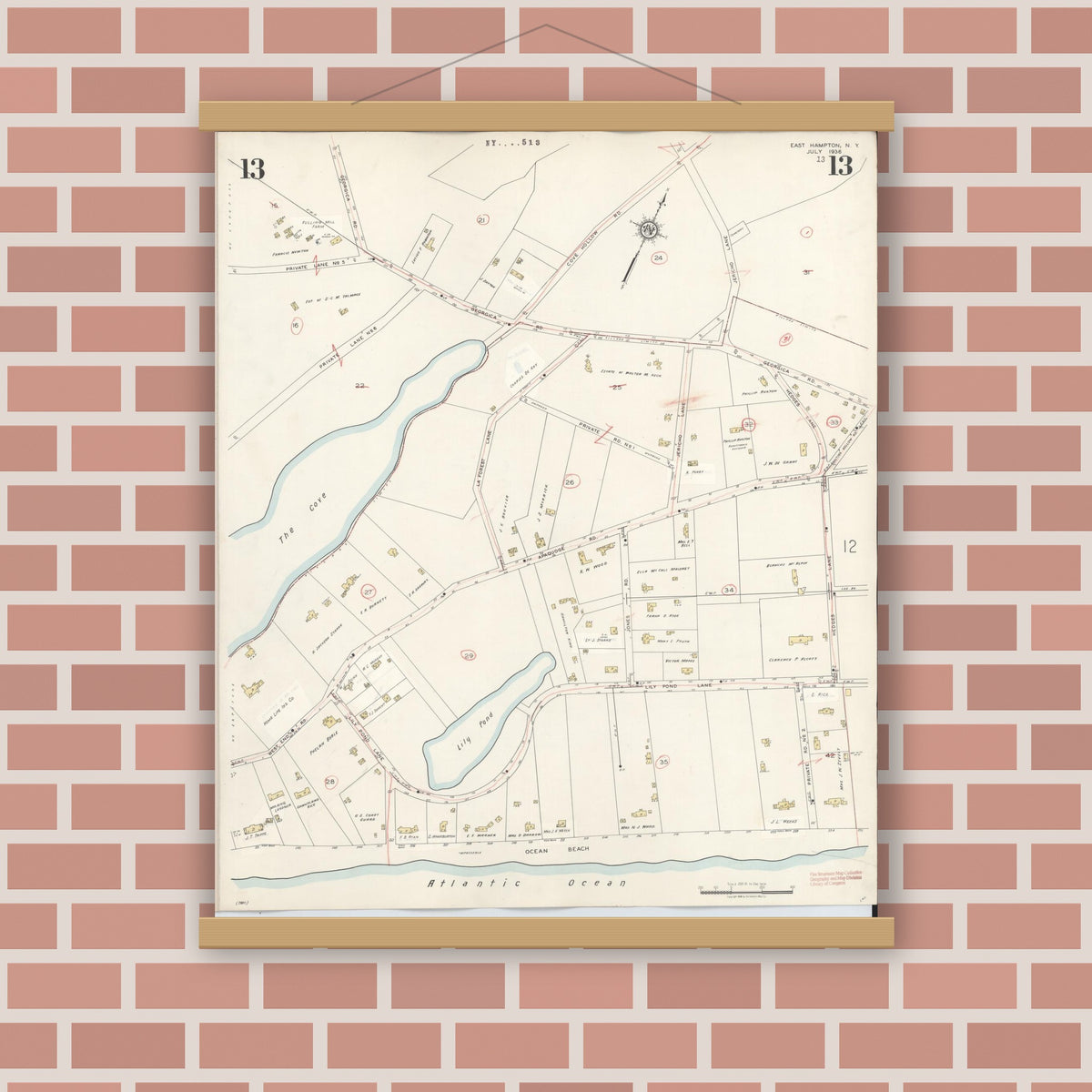 Old map wall art mockup — magnetic wood frame on brick wall — Sanborn Fire Insurance Map from Easthampton, Suffolk County, New York (1943), Sheet #0013