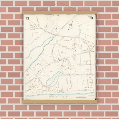 Old map wall art mockup — magnetic wood frame on brick wall — Sanborn Fire Insurance Map from Easthampton, Suffolk County, New York (1943), Sheet #0013