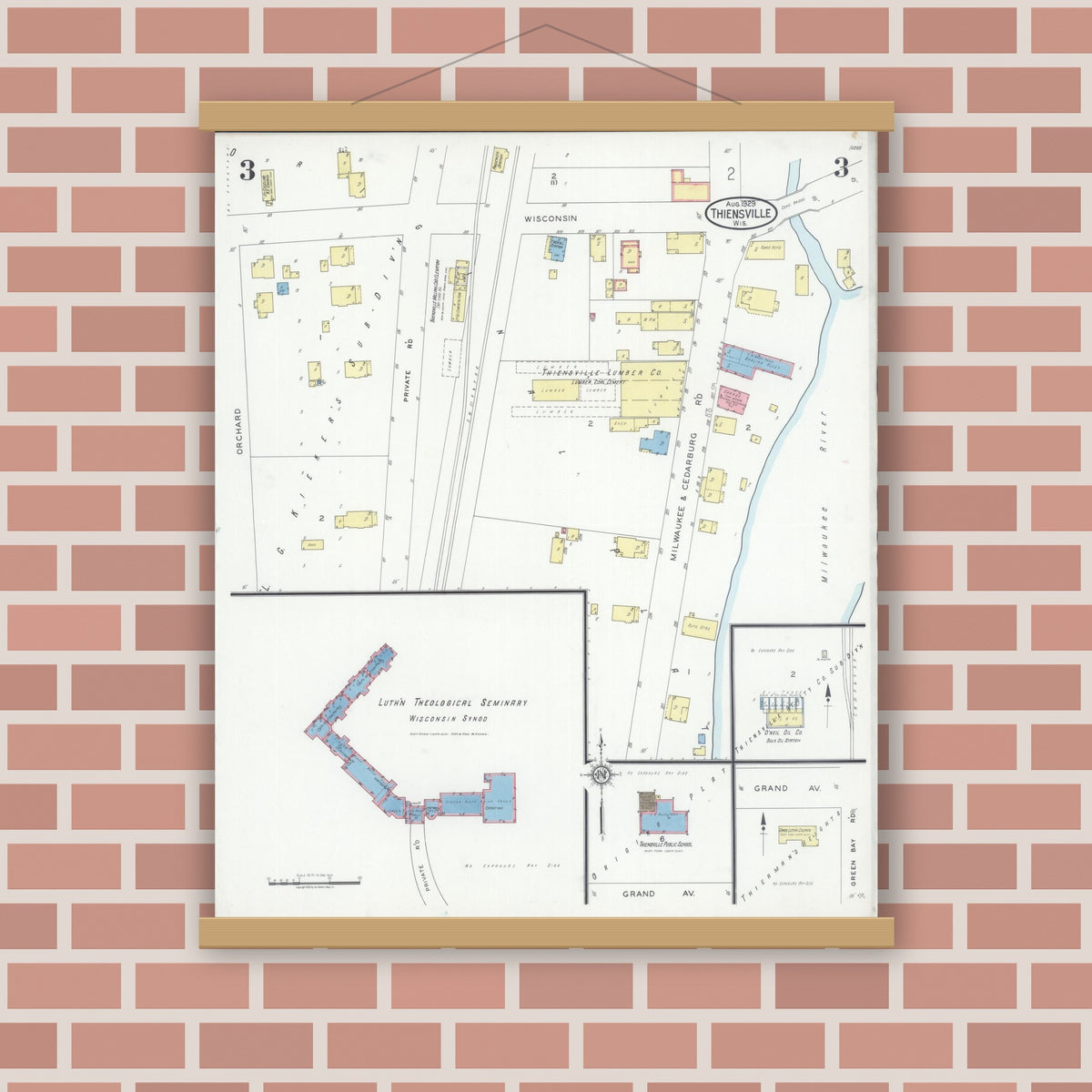 Old map wall art mockup — magnetic wood frame on brick wall — Sanborn Fire Insurance Map from Thiensville, Ozaukee County, Wisconsin (1929), Sheet #0003