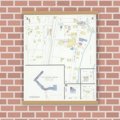 Old map wall art mockup — magnetic wood frame on brick wall — Sanborn Fire Insurance Map from Thiensville, Ozaukee County, Wisconsin (1929), Sheet #0003