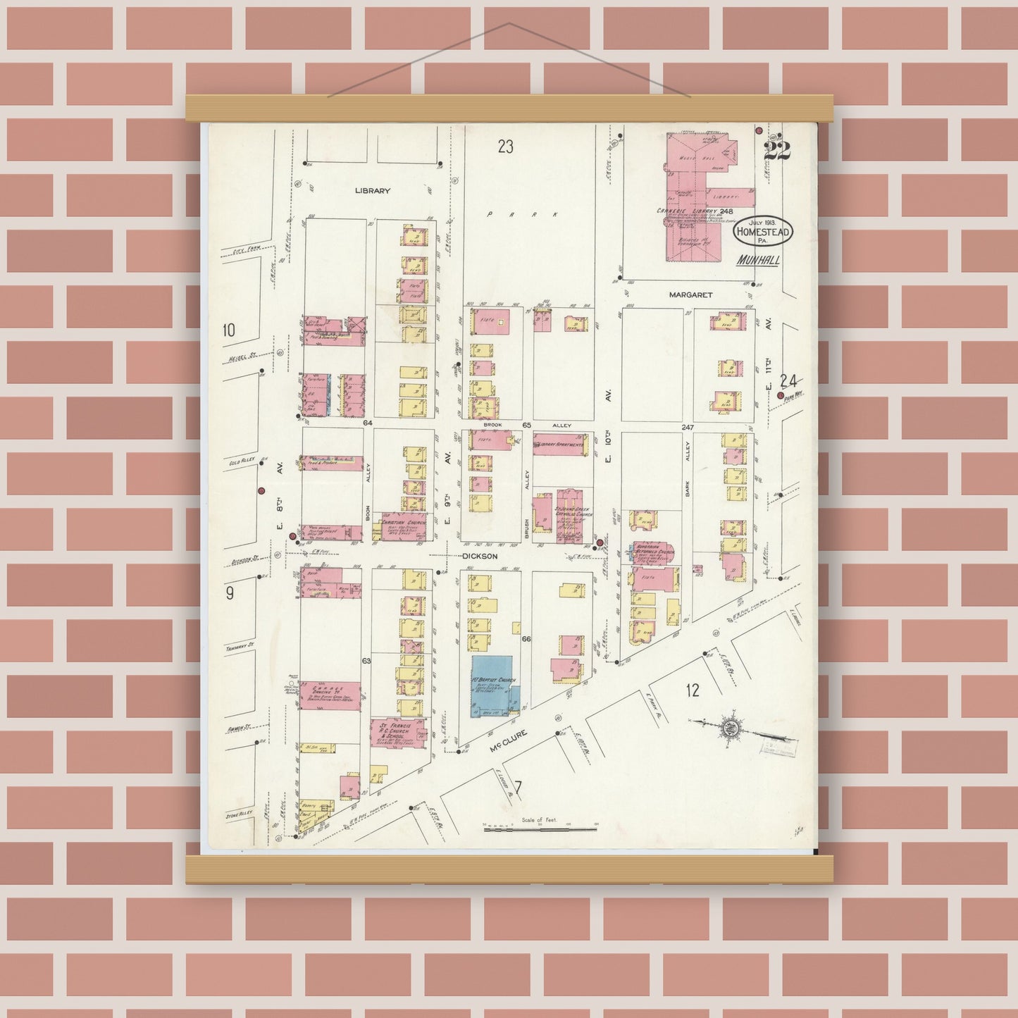 Old map wall art mockup — magnetic wood frame on brick wall — Sanborn Fire Insurance Map from Homestead, Allegheny County, Pennsylvania (1913), Sheet #0022