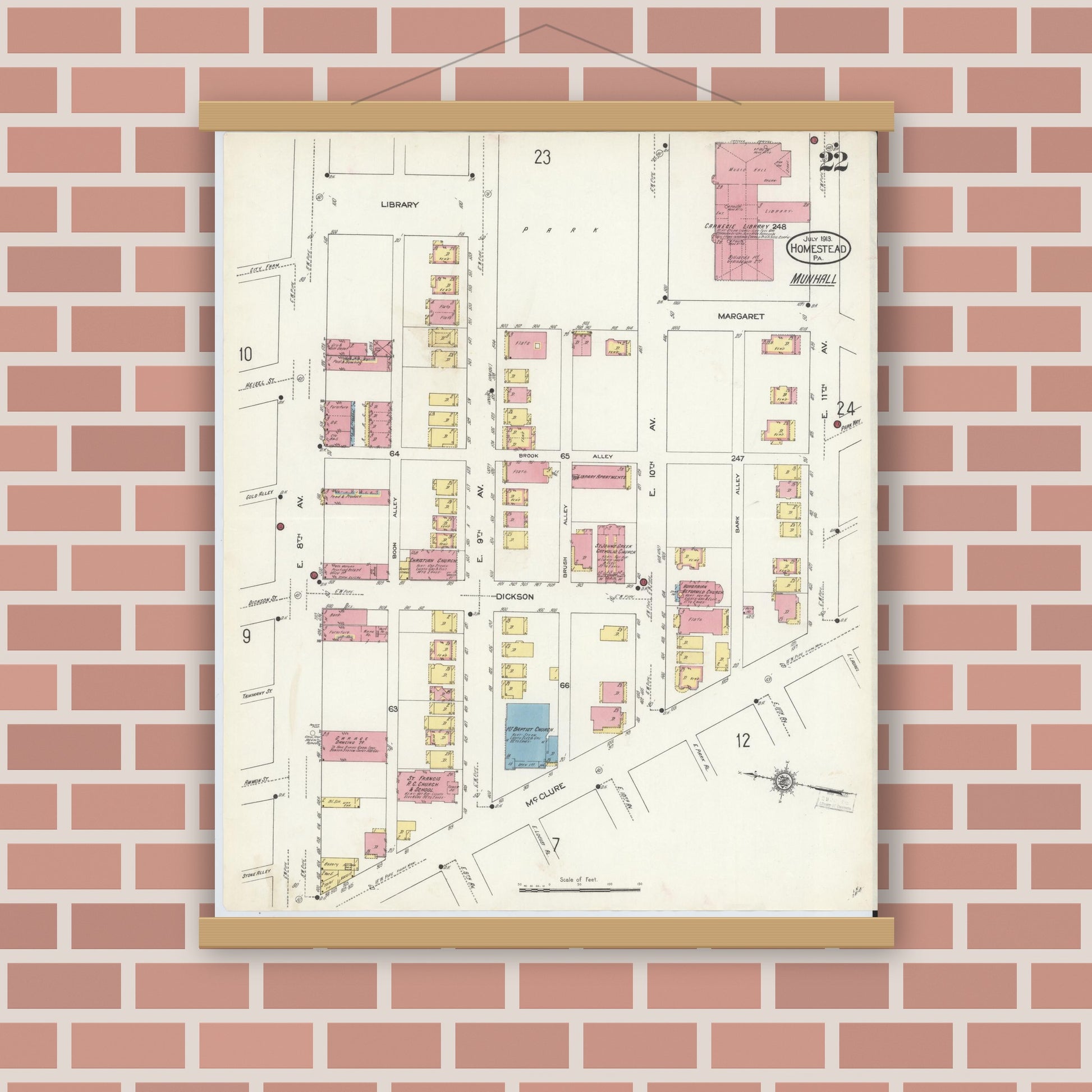 Old map wall art mockup — magnetic wood frame on brick wall — Sanborn Fire Insurance Map from Homestead, Allegheny County, Pennsylvania (1913), Sheet #0022