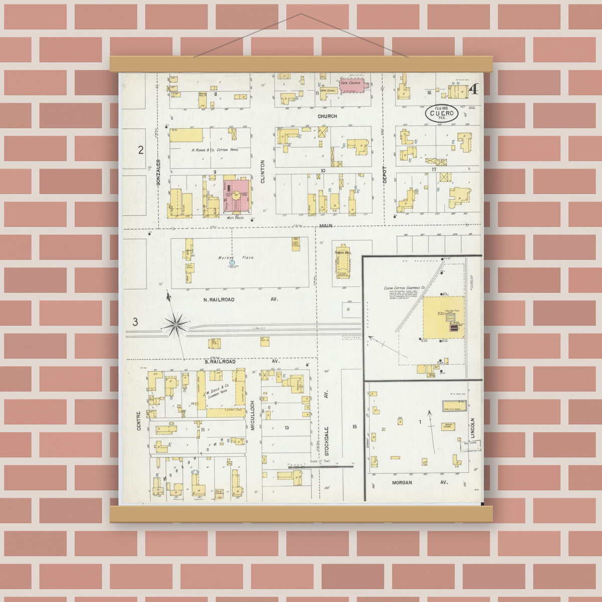 Old map wall art mockup — magnetic wood frame on brick wall — Sanborn Fire Insurance Map from Cuero, De Witt County, Texas (1902), Sheet #0004