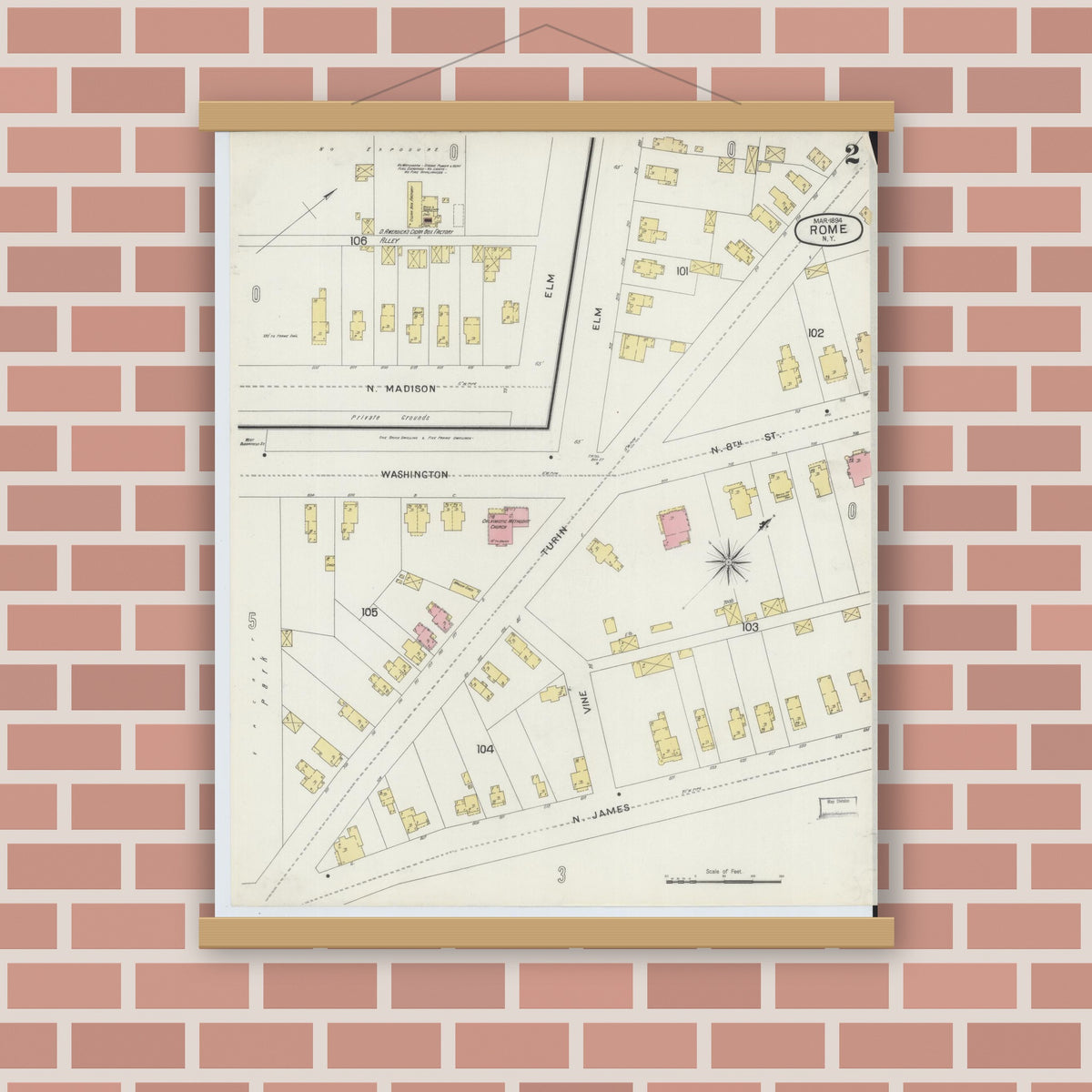 Old map wall art mockup — magnetic wood frame on brick wall — Sanborn Fire Insurance Map from Rome, Oneida County, New York (1894), Sheet #0002