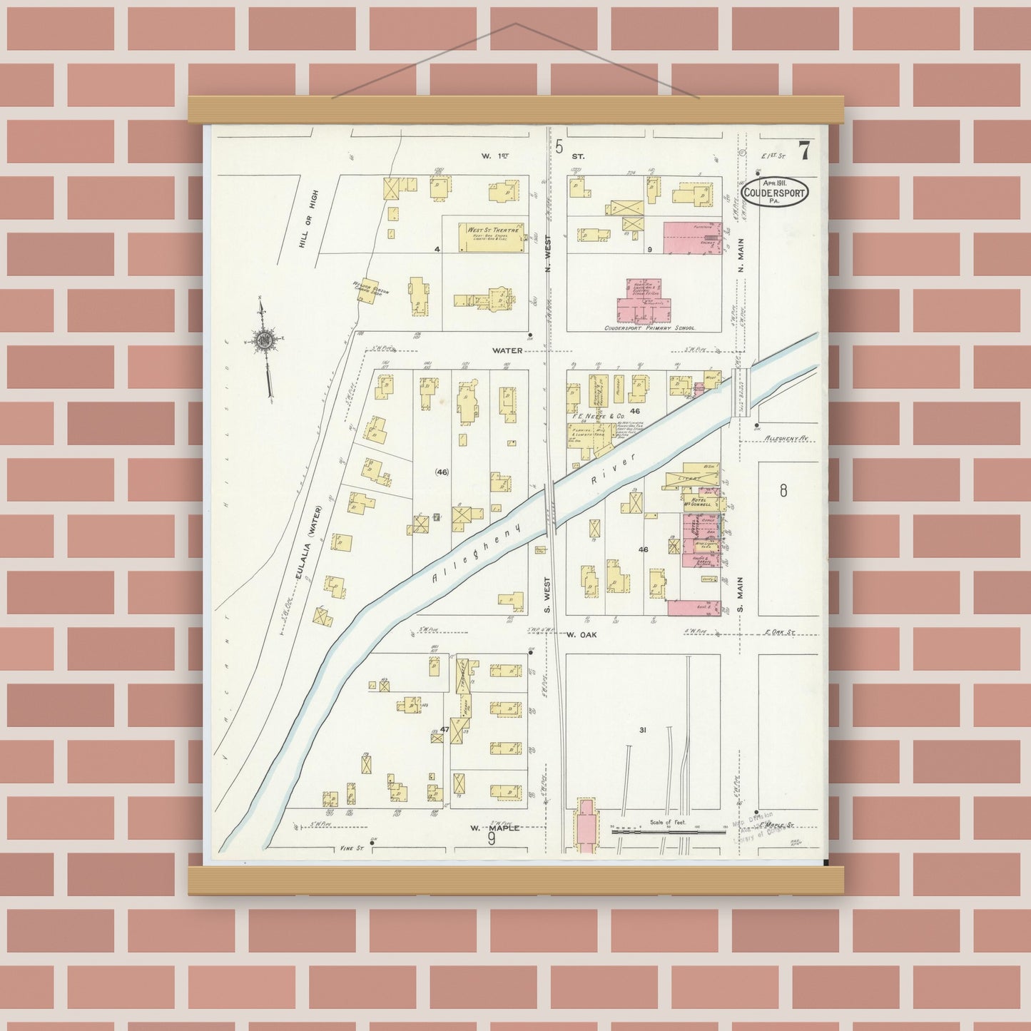 Old map wall art mockup — magnetic wood frame on brick wall — Sanborn Fire Insurance Map from Coudersport, Potter County, Pennsylvania (1911), Sheet #0007