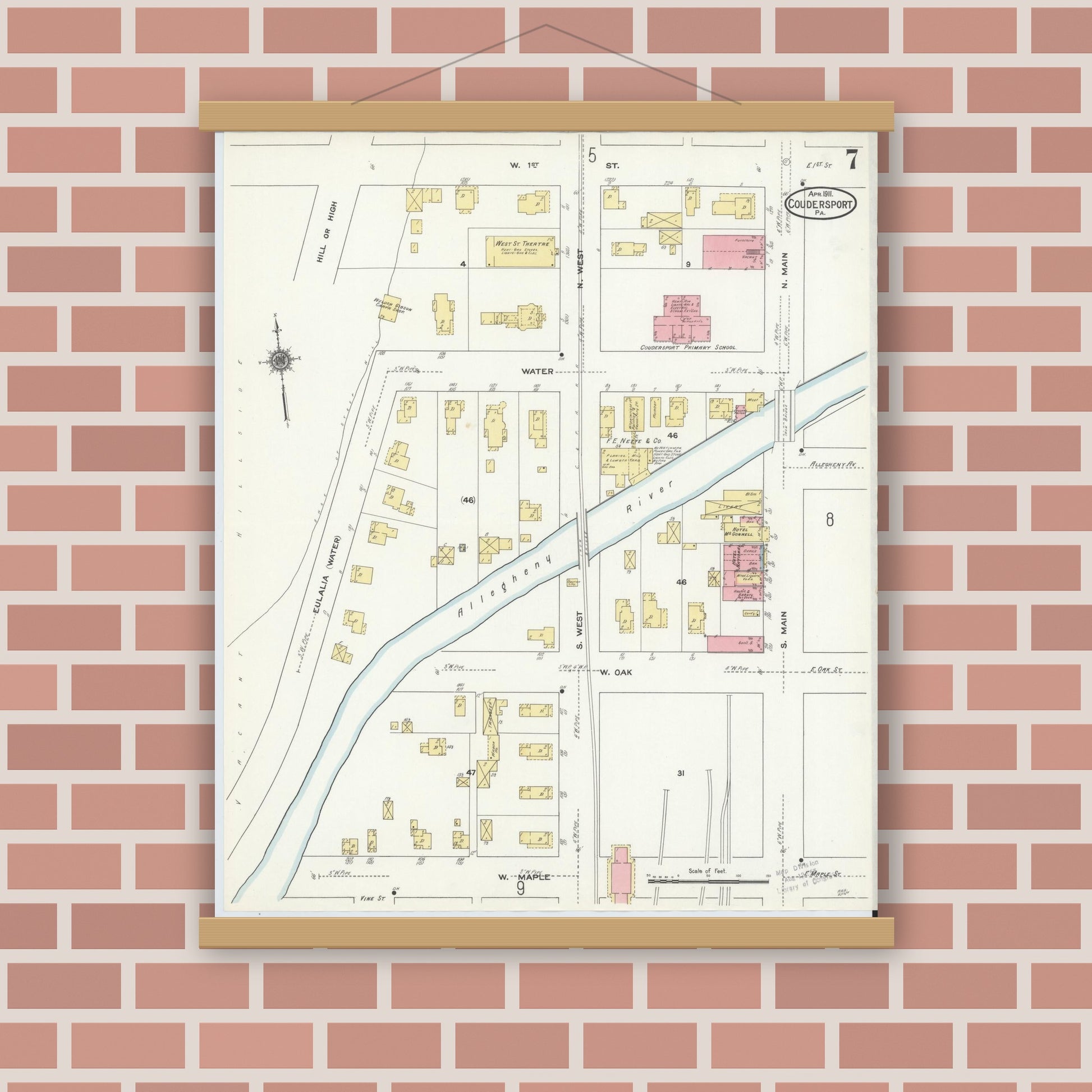 Old map wall art mockup — magnetic wood frame on brick wall — Sanborn Fire Insurance Map from Coudersport, Potter County, Pennsylvania (1911), Sheet #0007