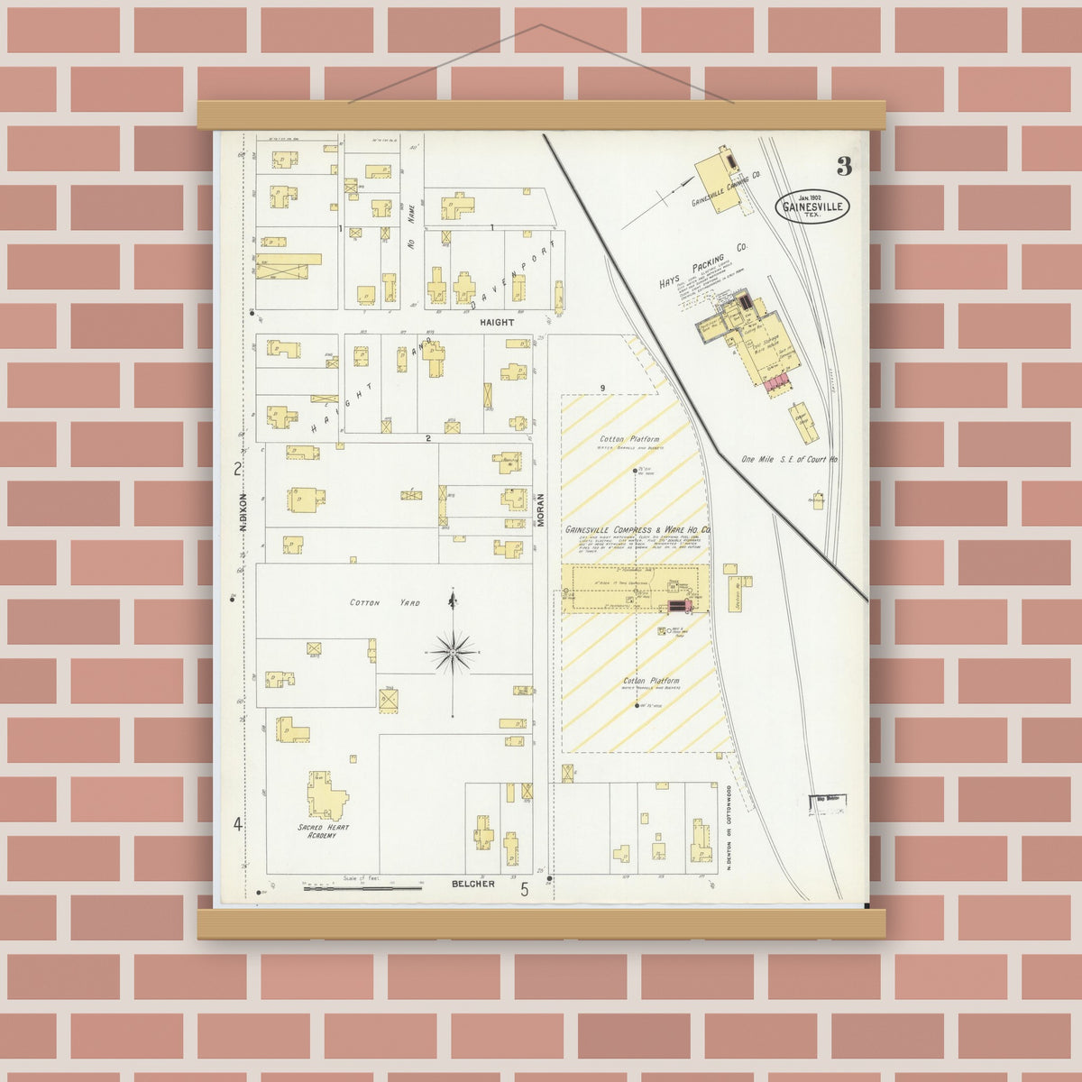 Old map wall art mockup — magnetic wood frame on brick wall — Sanborn Fire Insurance Map from Gainesville, Cooke County, Texas (1902), Sheet #0003