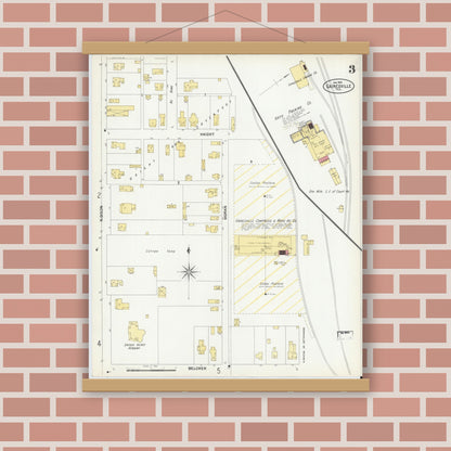 Old map wall art mockup — magnetic wood frame on brick wall — Sanborn Fire Insurance Map from Gainesville, Cooke County, Texas (1902), Sheet #0003