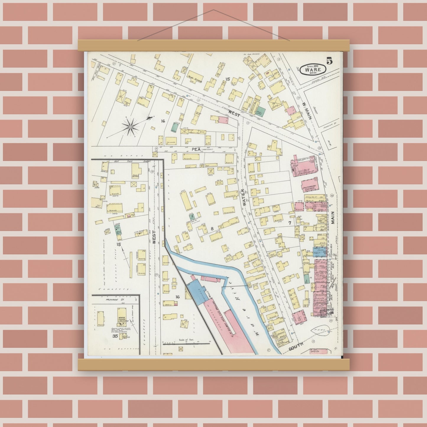 Old map wall art mockup — magnetic wood frame on brick wall — Sanborn Fire Insurance Map from Ware, Hampshire County, Massachusetts (1892), Sheet #0005