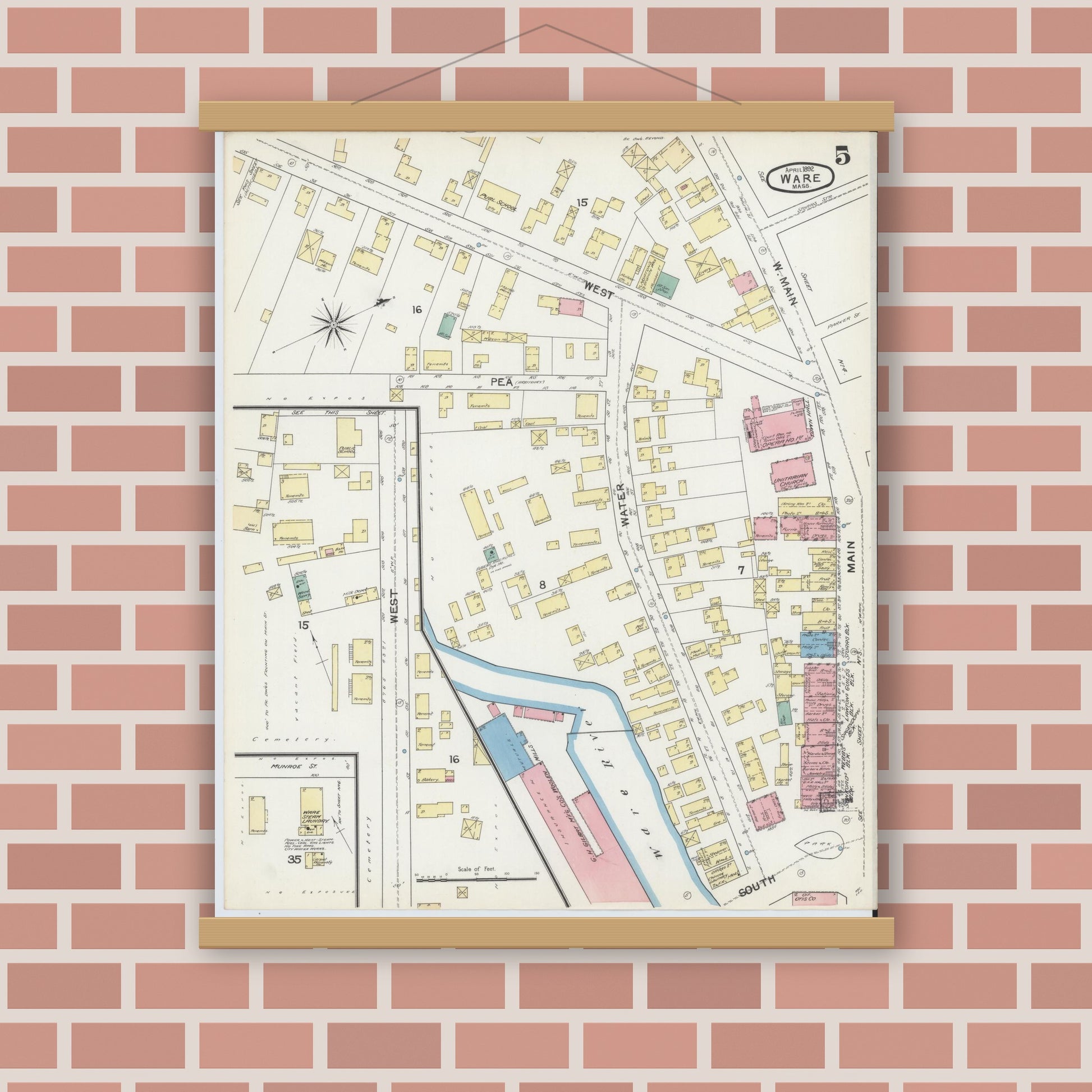 Old map wall art mockup — magnetic wood frame on brick wall — Sanborn Fire Insurance Map from Ware, Hampshire County, Massachusetts (1892), Sheet #0005