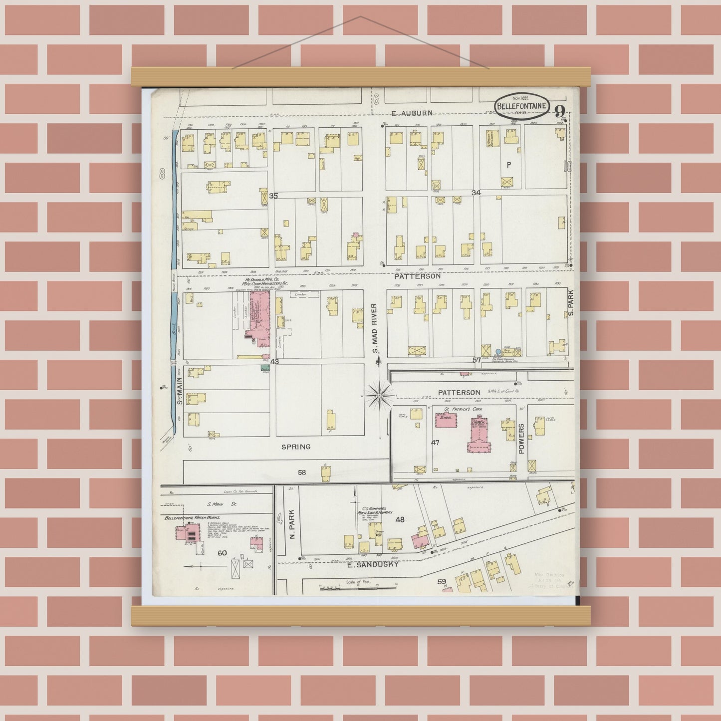 Old map wall art mockup — magnetic wood frame on brick wall — Sanborn Fire Insurance Map from Bellefontaine, Logan County, Ohio (1892), Sheet #0009