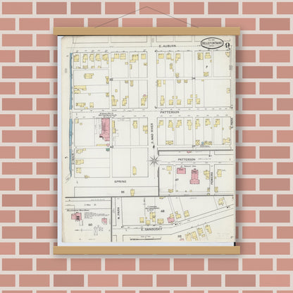Old map wall art mockup — magnetic wood frame on brick wall — Sanborn Fire Insurance Map from Bellefontaine, Logan County, Ohio (1892), Sheet #0009