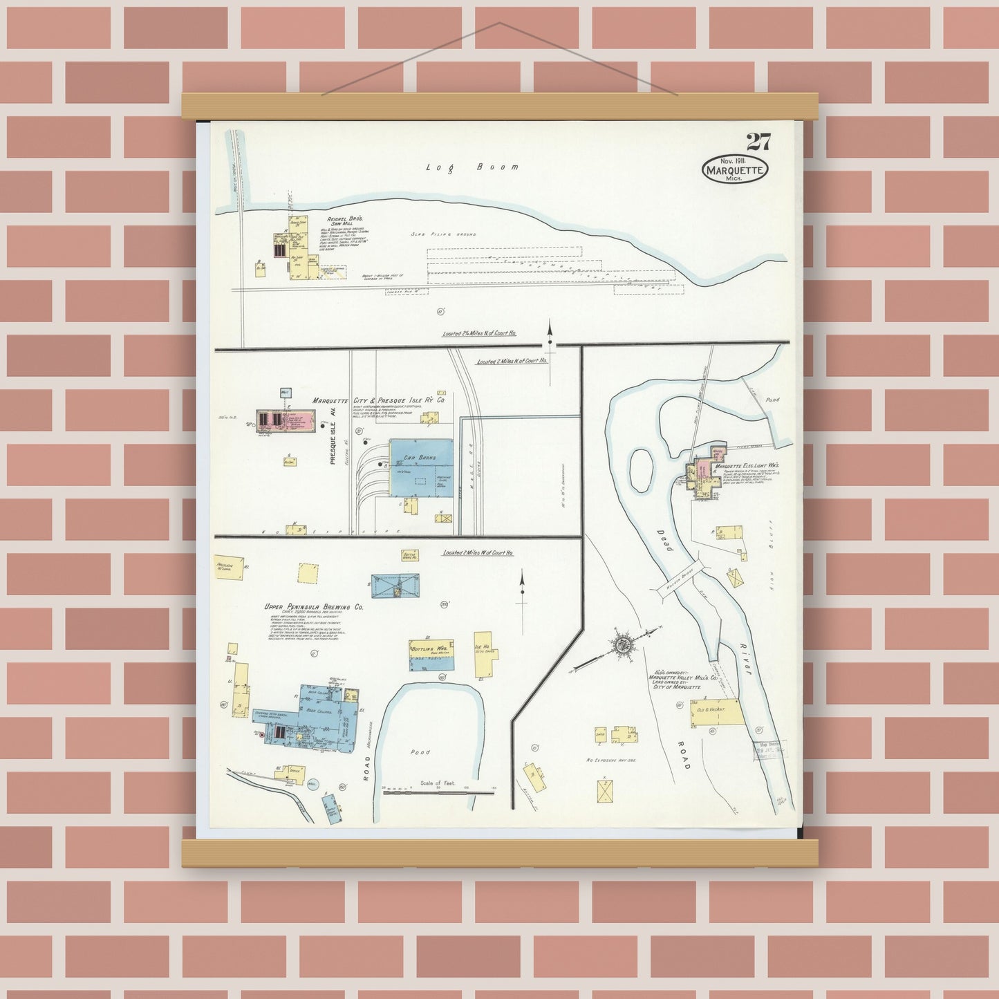Old map wall art mockup — magnetic wood frame on brick wall — Sanborn Fire Insurance Map from Marquette, Marquette County, Michigan (1911), Sheet #0027