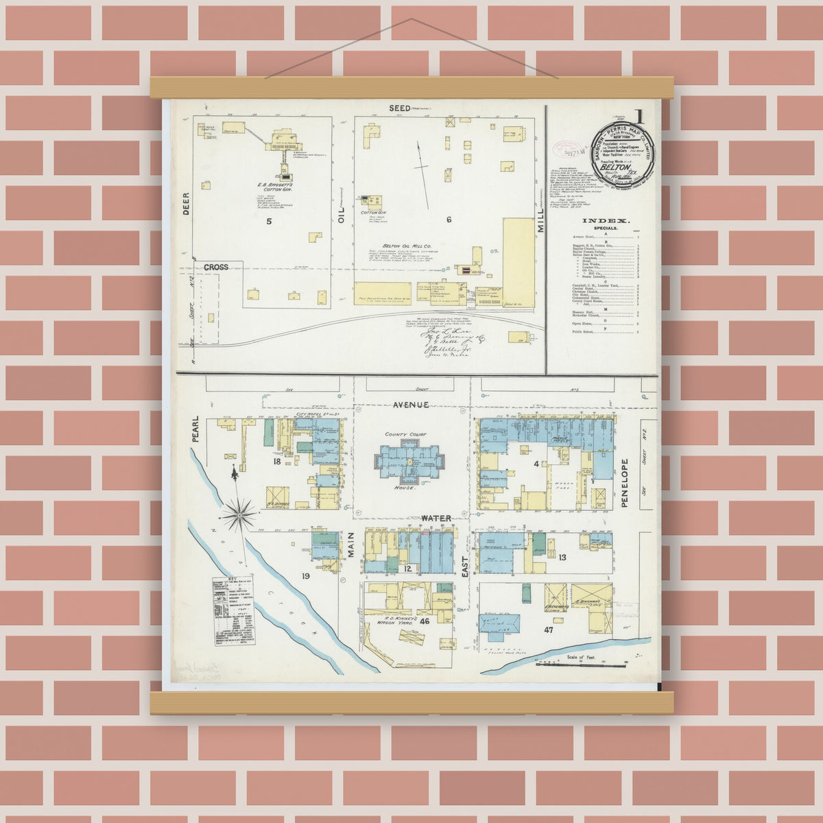 Old map wall art mockup — magnetic wood frame on brick wall — Sanborn Fire Insurance Map from Belton, Bell County, Texas (1891) - Complete Map Set