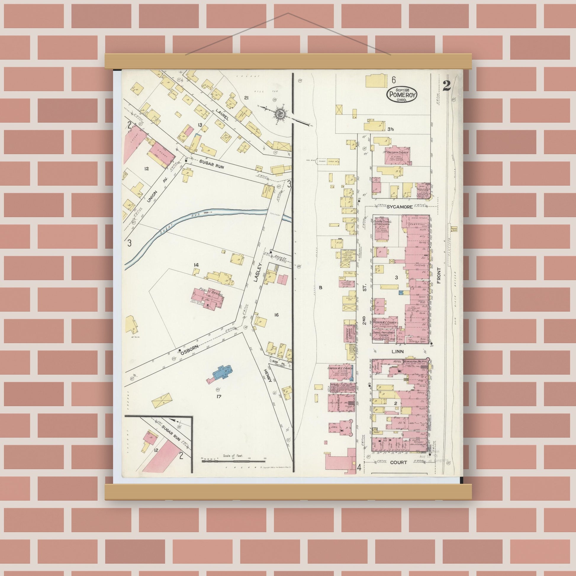 Old map wall art mockup — magnetic wood frame on brick wall — Sanborn Fire Insurance Map from Pomeroy, Meigs County, Ohio (1916), Sheet #0002
