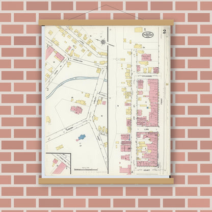 Old map wall art mockup — magnetic wood frame on brick wall — Sanborn Fire Insurance Map from Pomeroy, Meigs County, Ohio (1916), Sheet #0002