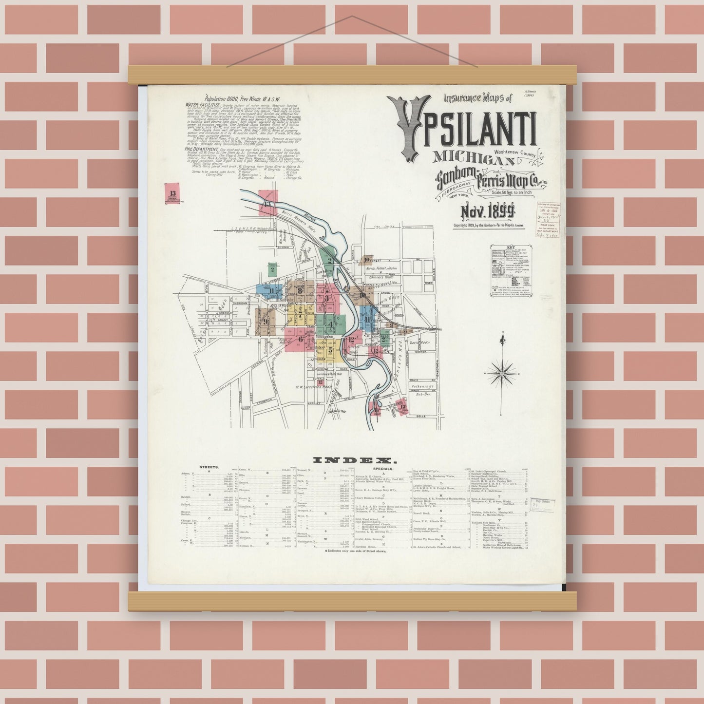 Old map wall art mockup — magnetic wood frame on brick wall — Sanborn Fire Insurance Map from Ypsilanti, Washtenaw County, Michigan (1899) - Complete Map Set