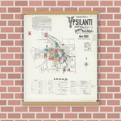 Old map wall art mockup — magnetic wood frame on brick wall — Sanborn Fire Insurance Map from Ypsilanti, Washtenaw County, Michigan (1899) - Complete Map Set