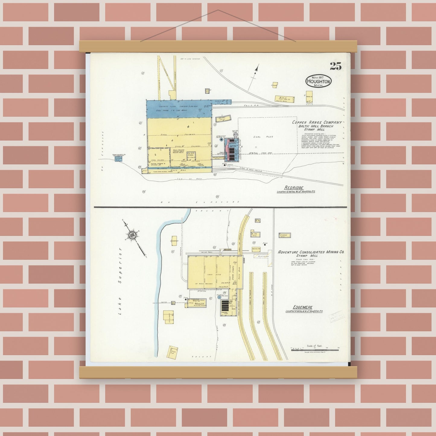 Old map wall art mockup — magnetic wood frame on brick wall — Sanborn Fire Insurance Map from Houghton, Houghton County, Michigan (1917), Sheet #0025