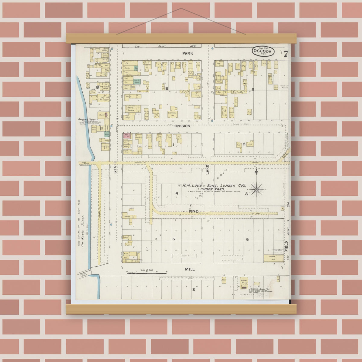 Old map wall art mockup — magnetic wood frame on brick wall — Sanborn Fire Insurance Map from Oscoda, Iosco County, Michigan (1890), Sheet #0007