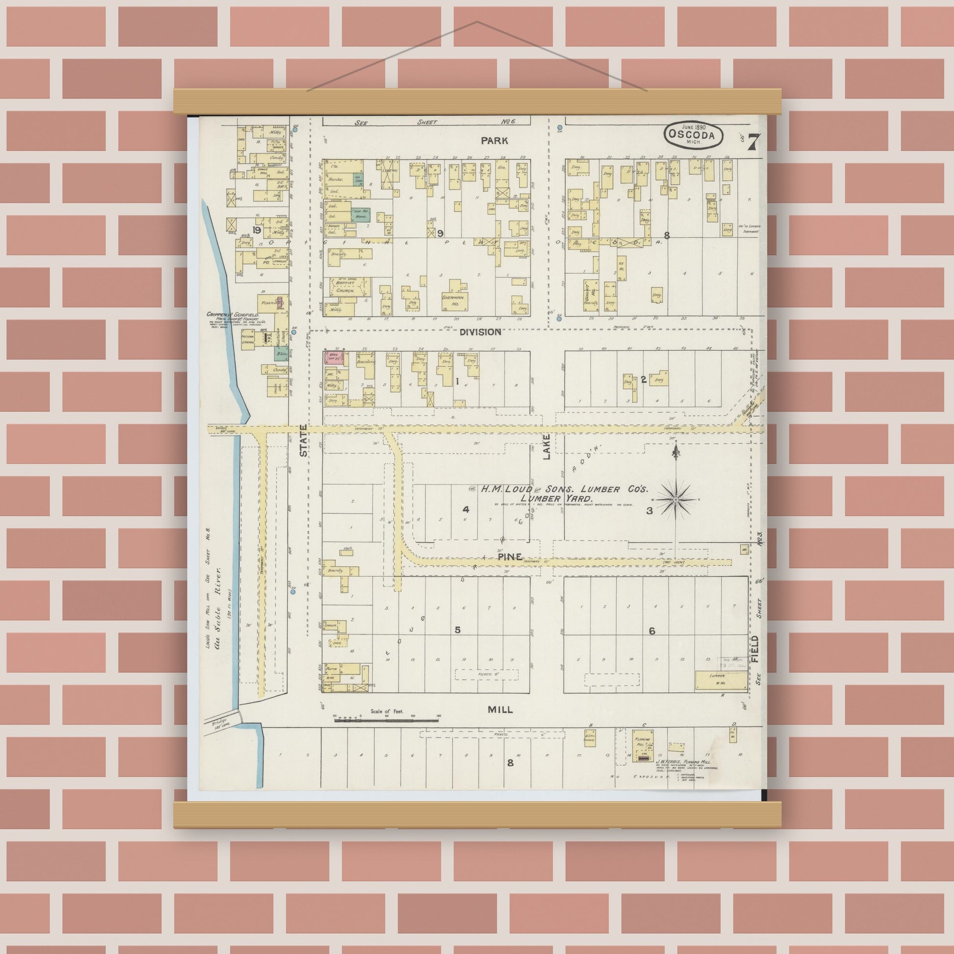 Old map wall art mockup — magnetic wood frame on brick wall — Sanborn Fire Insurance Map from Oscoda, Iosco County, Michigan (1890), Sheet #0007