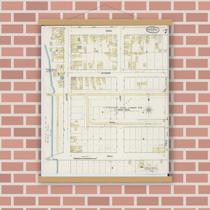 Old map wall art mockup — magnetic wood frame on brick wall — Sanborn Fire Insurance Map from Oscoda, Iosco County, Michigan (1890), Sheet #0007