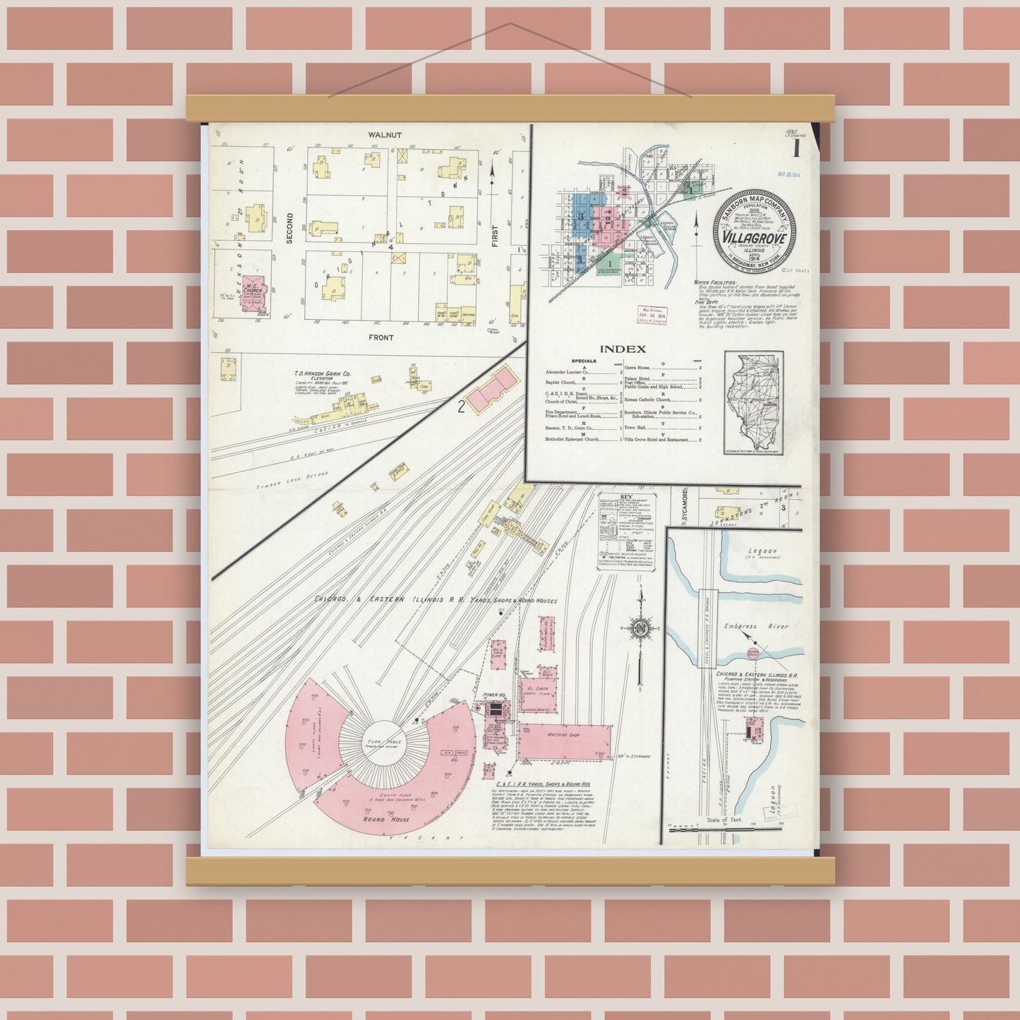 Old map wall art mockup — magnetic wood frame on brick wall — Sanborn Fire Insurance Map from Villa Grove, Douglas County, Illinois (1914) - Complete Map Set