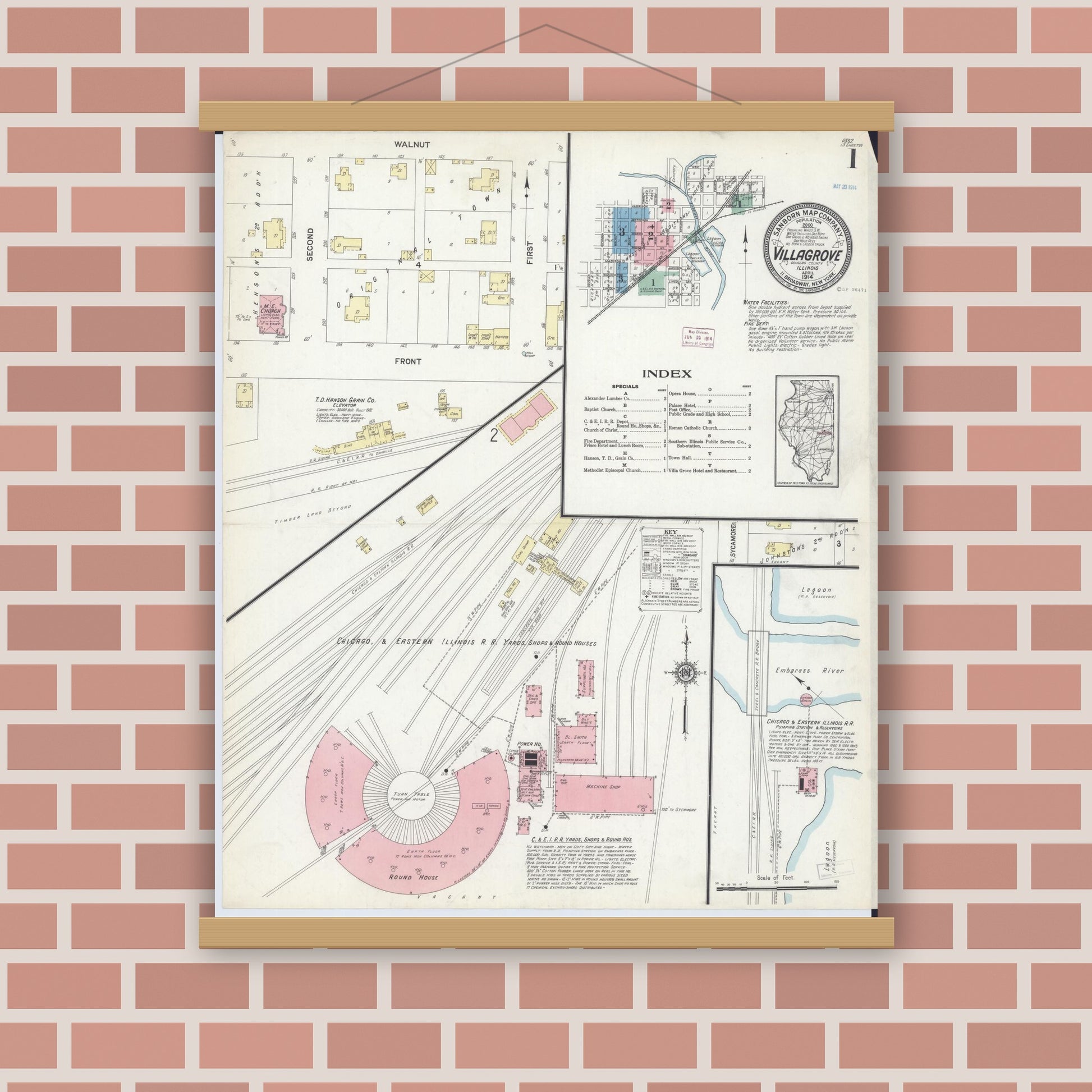 Old map wall art mockup — magnetic wood frame on brick wall — Sanborn Fire Insurance Map from Villa Grove, Douglas County, Illinois (1914) - Complete Map Set