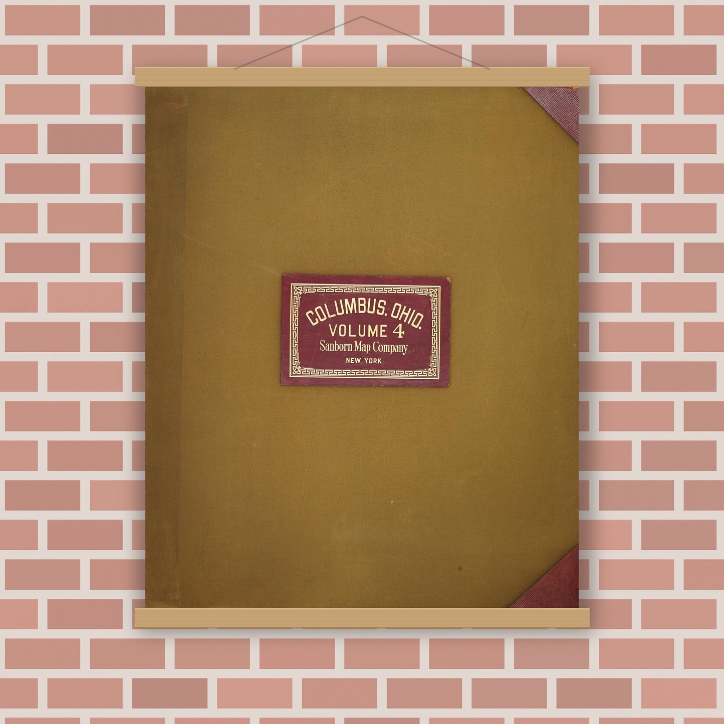 Old map wall art mockup — magnetic wood frame on brick wall — Sanborn Fire Insurance Map from Columbus, Franklin County, Ohio (1950), Sheet #0001