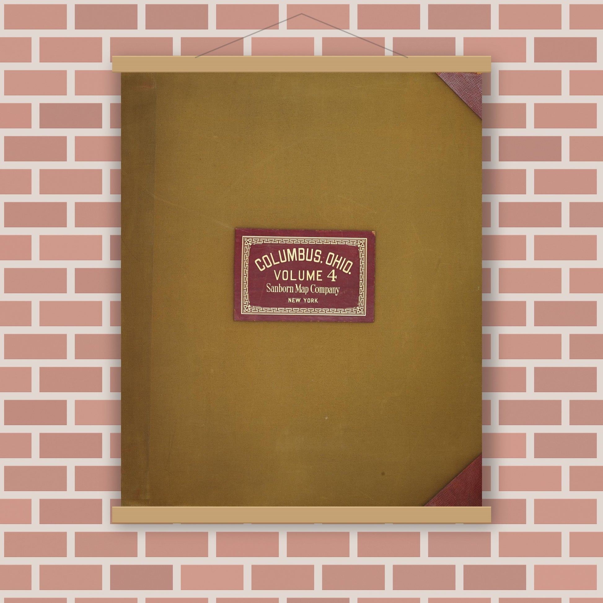 Old map wall art mockup — magnetic wood frame on brick wall — Sanborn Fire Insurance Map from Columbus, Franklin County, Ohio (1950), Sheet #0001