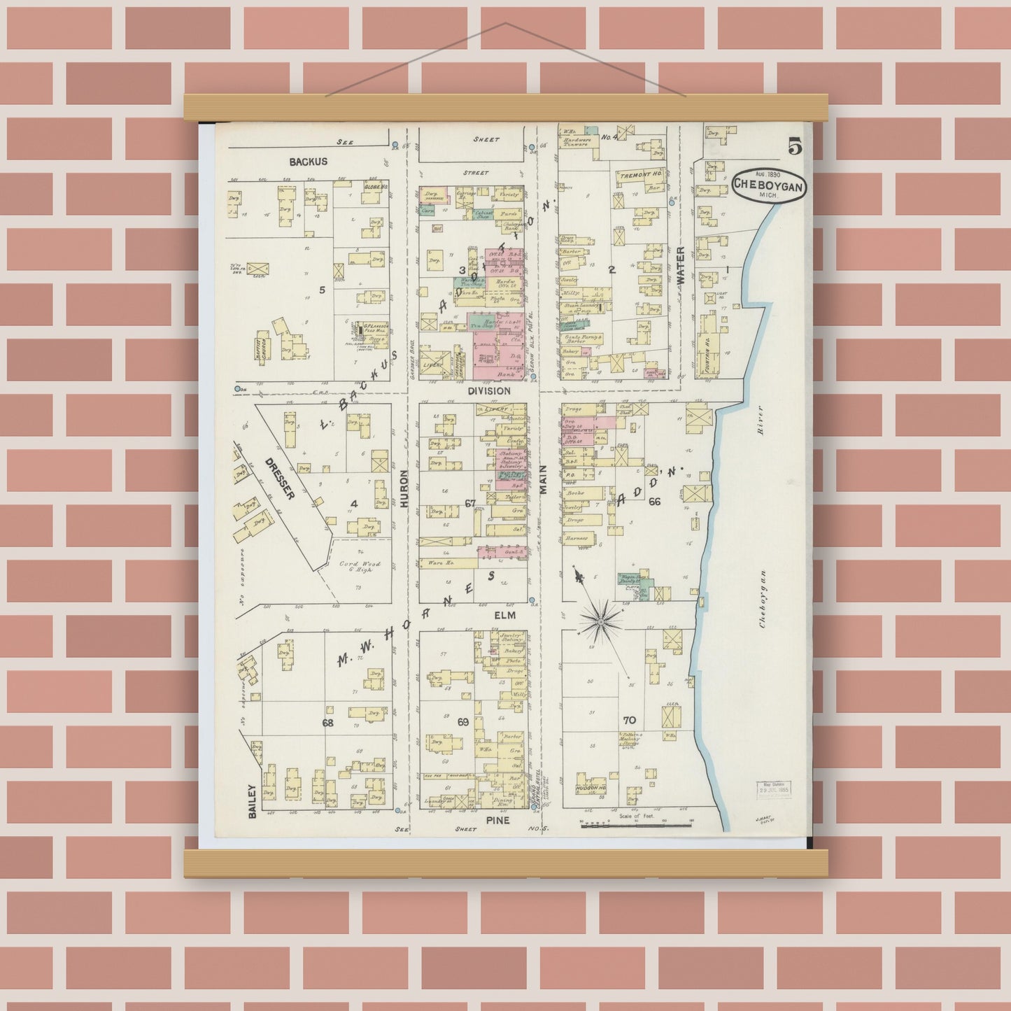 Old map wall art mockup — magnetic wood frame on brick wall — Sanborn Fire Insurance Map from Cheboygan, Cheboygan County, Michigan (1890), Sheet #0005
