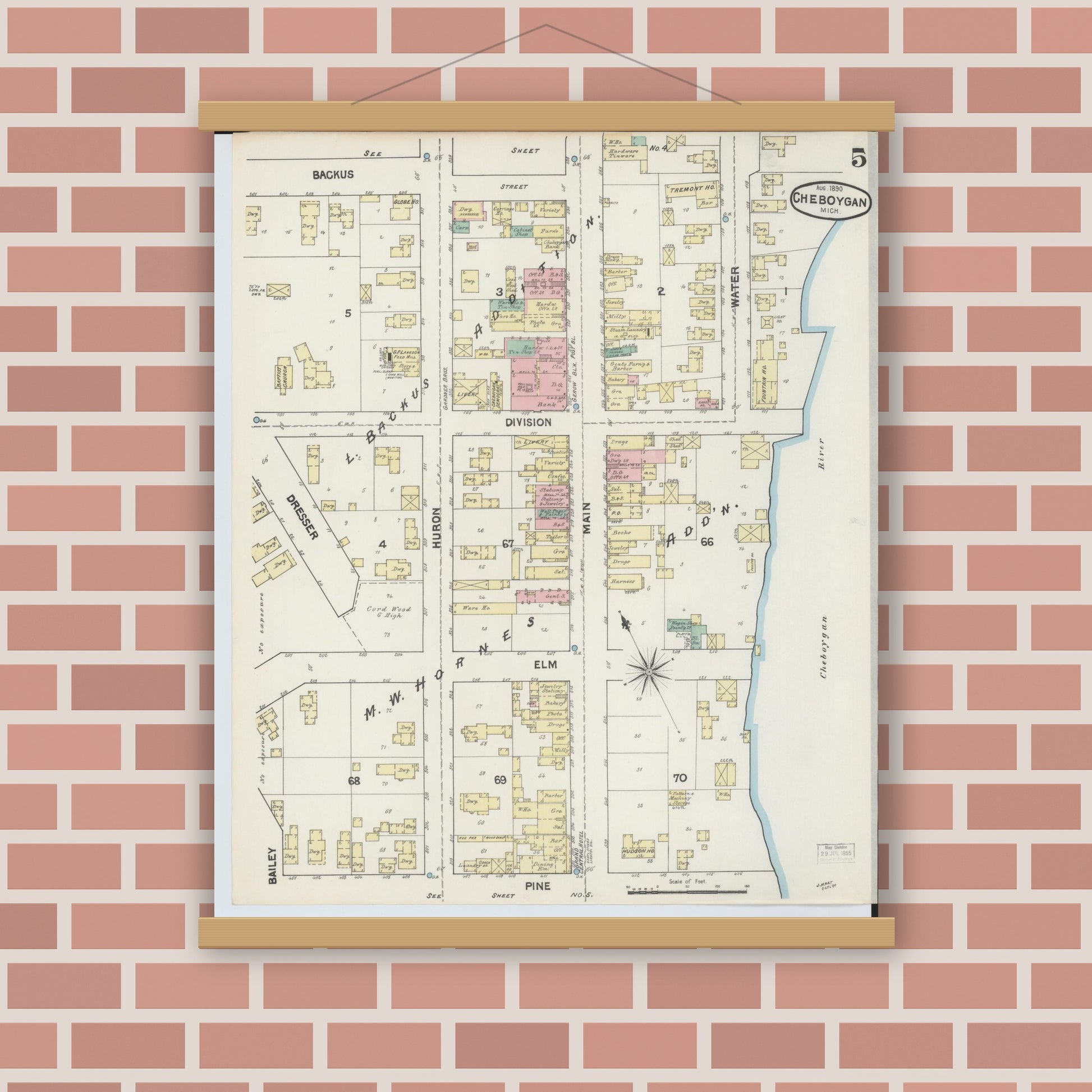 Old map wall art mockup — magnetic wood frame on brick wall — Sanborn Fire Insurance Map from Cheboygan, Cheboygan County, Michigan (1890), Sheet #0005
