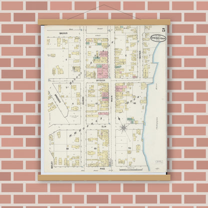 Old map wall art mockup — magnetic wood frame on brick wall — Sanborn Fire Insurance Map from Cheboygan, Cheboygan County, Michigan (1890), Sheet #0005