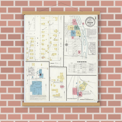 Old map wall art mockup — magnetic wood frame on brick wall — Sanborn Fire Insurance Map from Oregon, Ogle County, Illinois (1913) - Complete Map Set