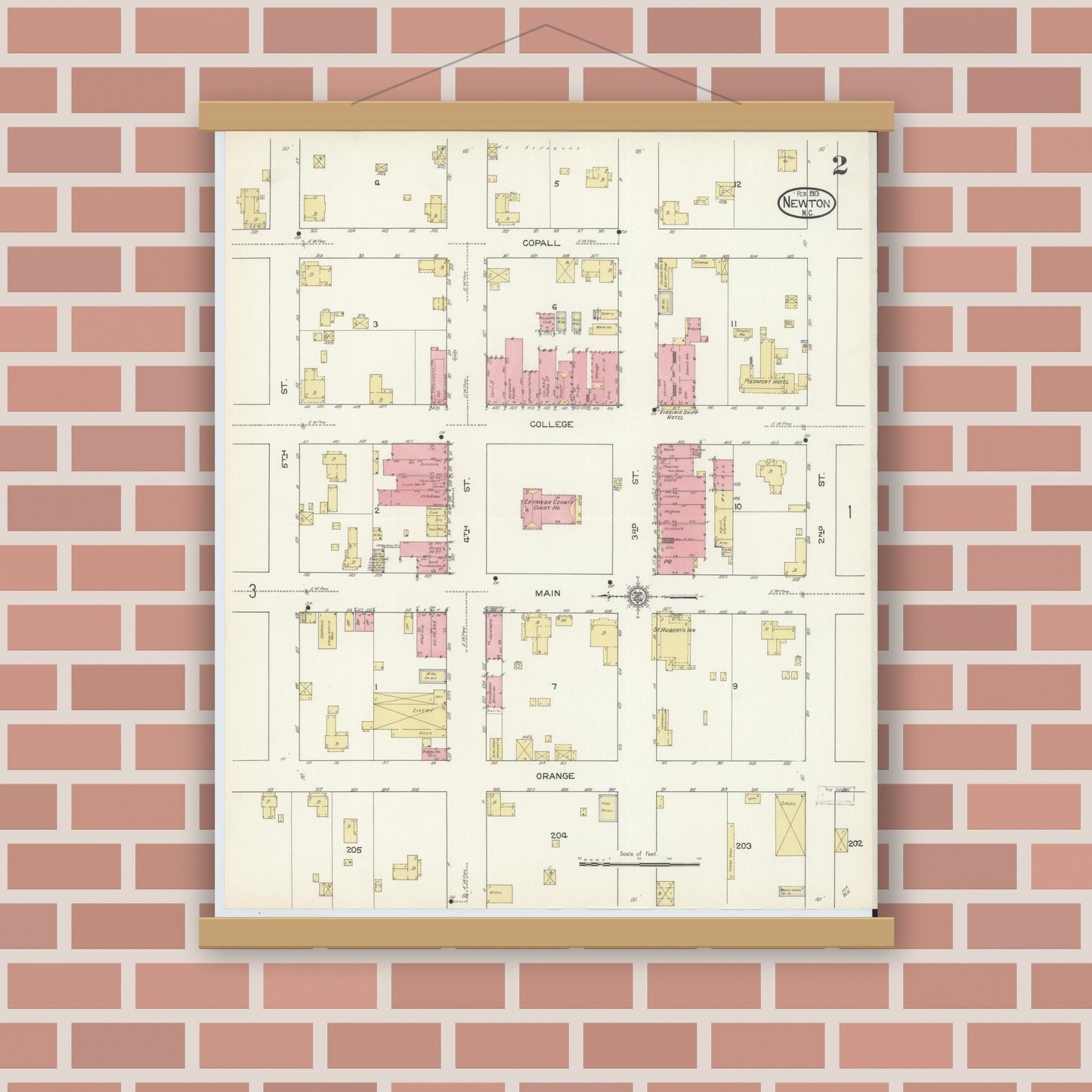 Old map wall art mockup — magnetic wood frame on brick wall — Sanborn Fire Insurance Map from Newton, Catawba County, North Carolina (1913), Sheet #0002