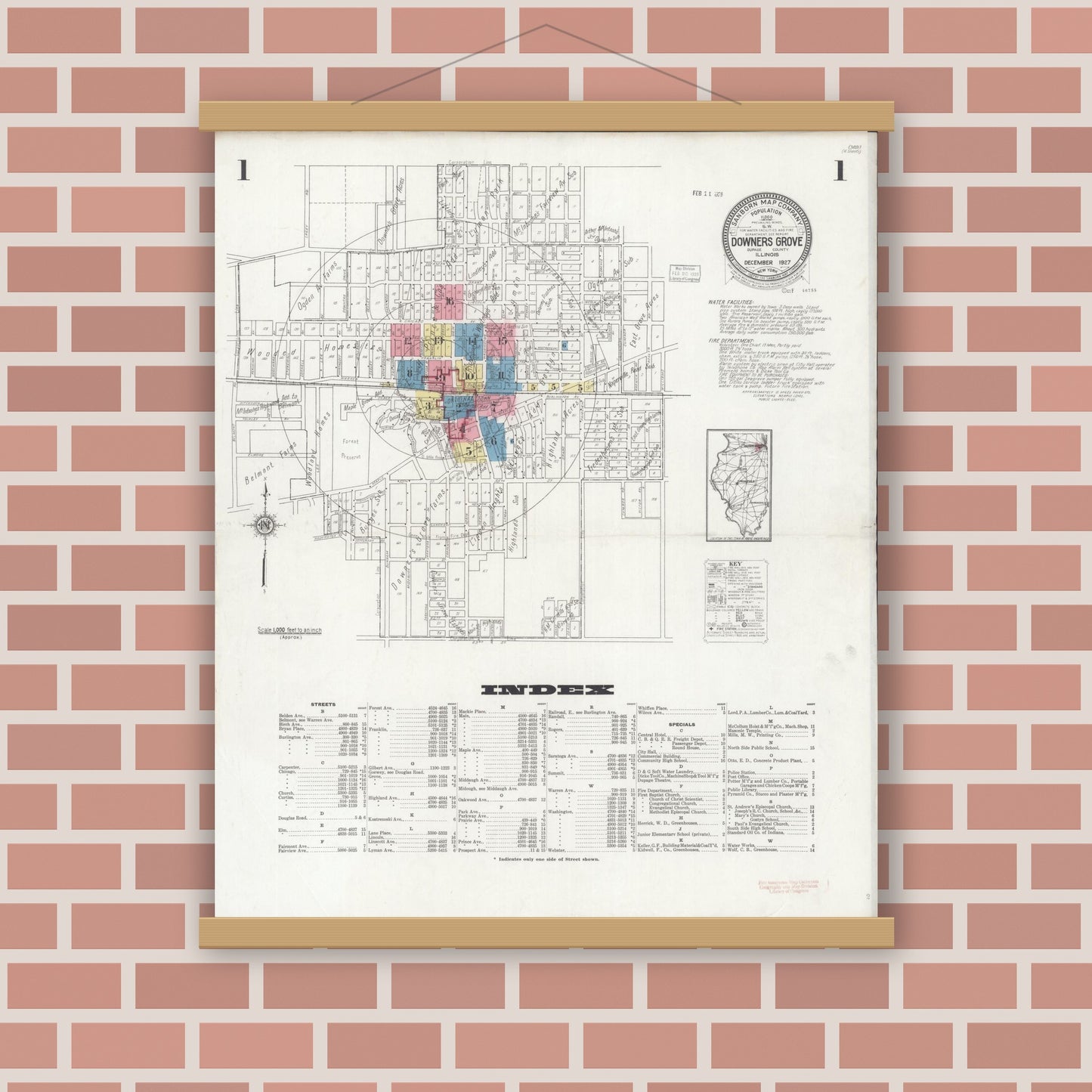 Old map wall art mockup — magnetic wood frame on brick wall — Sanborn Fire Insurance Map from Downers Grove, Dupage County, Illinois (1927) - Complete Map Set