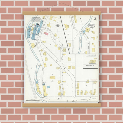 Old map wall art mockup — magnetic wood frame on brick wall — Sanborn Fire Insurance Map from Hinsdale, Berkshire County, Massachusetts (1911), Sheet #0003