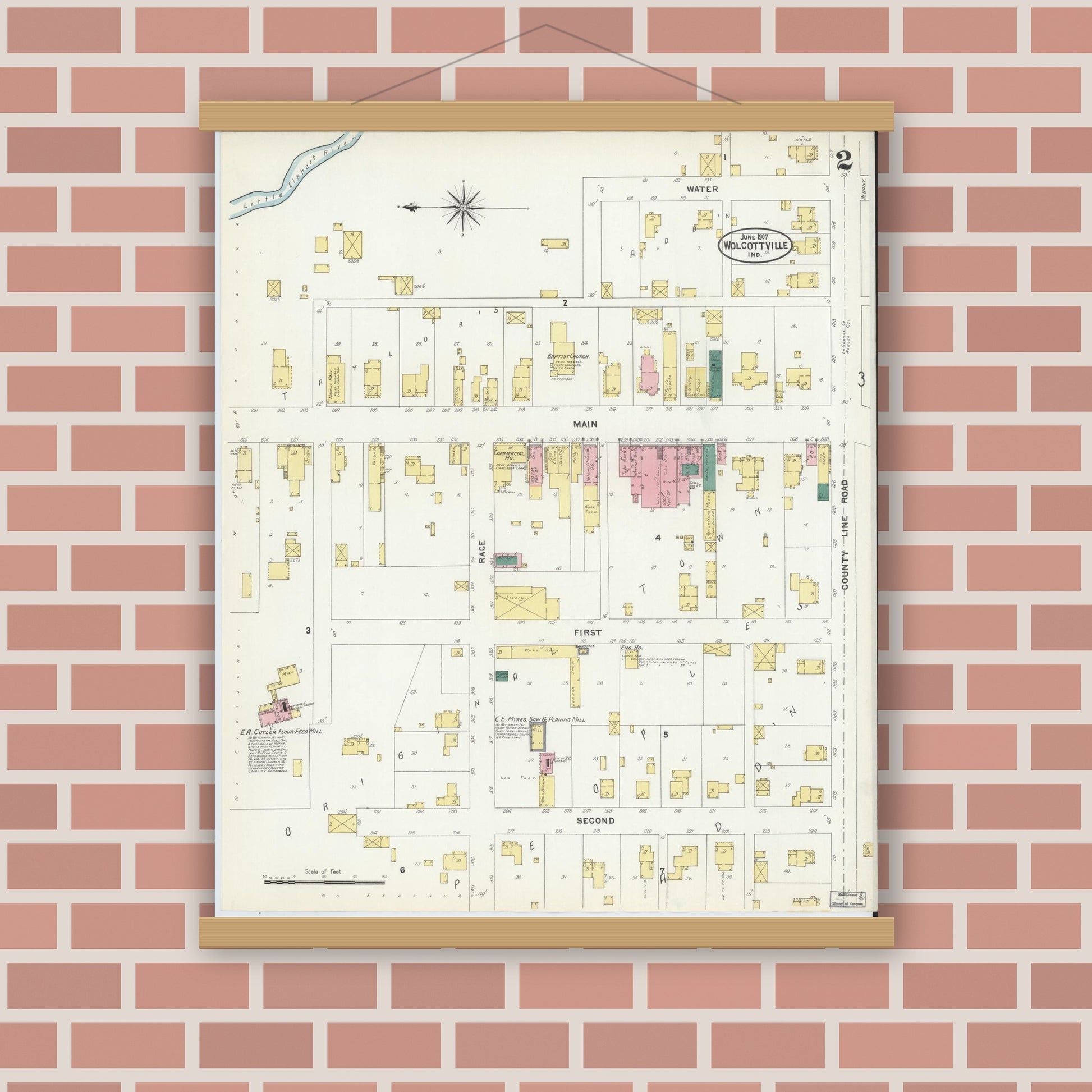 Old map wall art mockup — magnetic wood frame on brick wall — Sanborn Fire Insurance Map from Wolcottville, Noble And LaGrange Counties, Indiana (1907), Sheet #0002